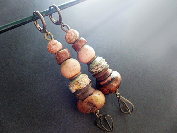 Exulansis. Stacked salmon earrings with rustic art beads. Victorian tribal assemblage.