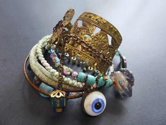 Oceanic 2. Bangle stack. Rustic tribal gypsy bracelet set with cuff in blues and greens.