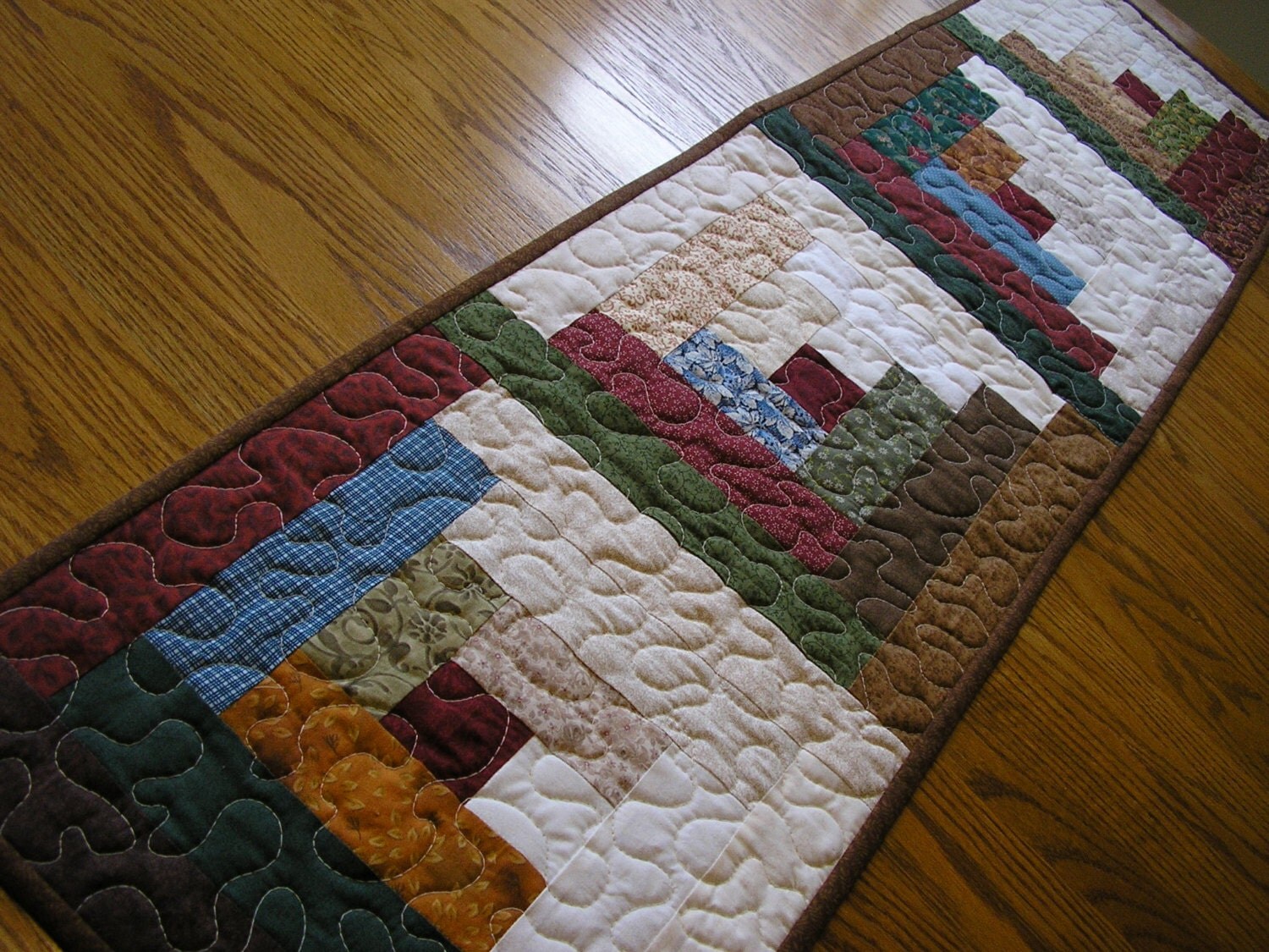 Quilted Table Runner Log Cabin Scrappy 14 x 53 1/2 inches