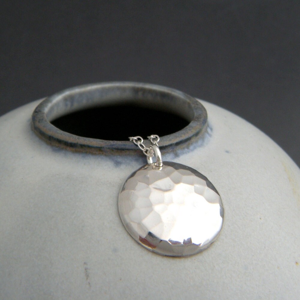 hammered dome necklace. sterling silver modern pendant.