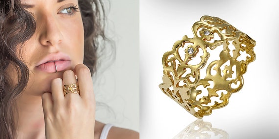 Diamond Wedding Band, 14k Wedding Ring, Lace Gold Ring, 14K Gold Ring,