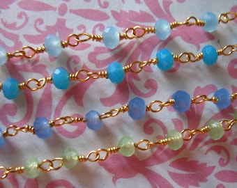 New Sale.. Rosary Chain,, by foot, CHALCEDONY Wire Wrap Chain, Gold or Silver Plated, wholesale beaded chain rc.13 p sb a g solo wf