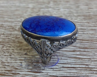 Vintage Art Deco Ring Blue Stone Ring Sterling Silver