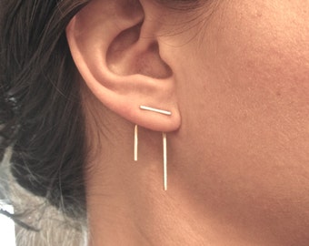 14K gold Staple line ear jacket stud set jacket pair & stud pair mix and match earring jackets double sided earring front back earring 0144