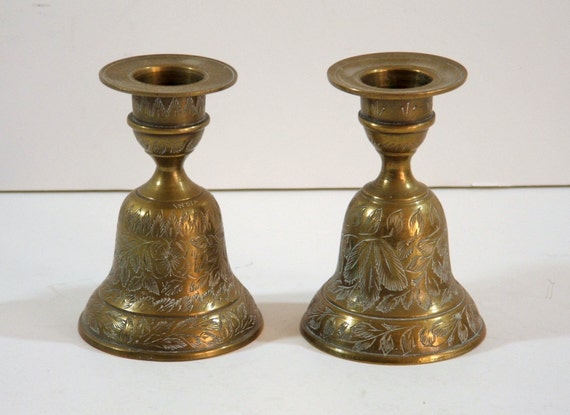 Vintage Brass Bells Candle Holder Bells Etched Brass