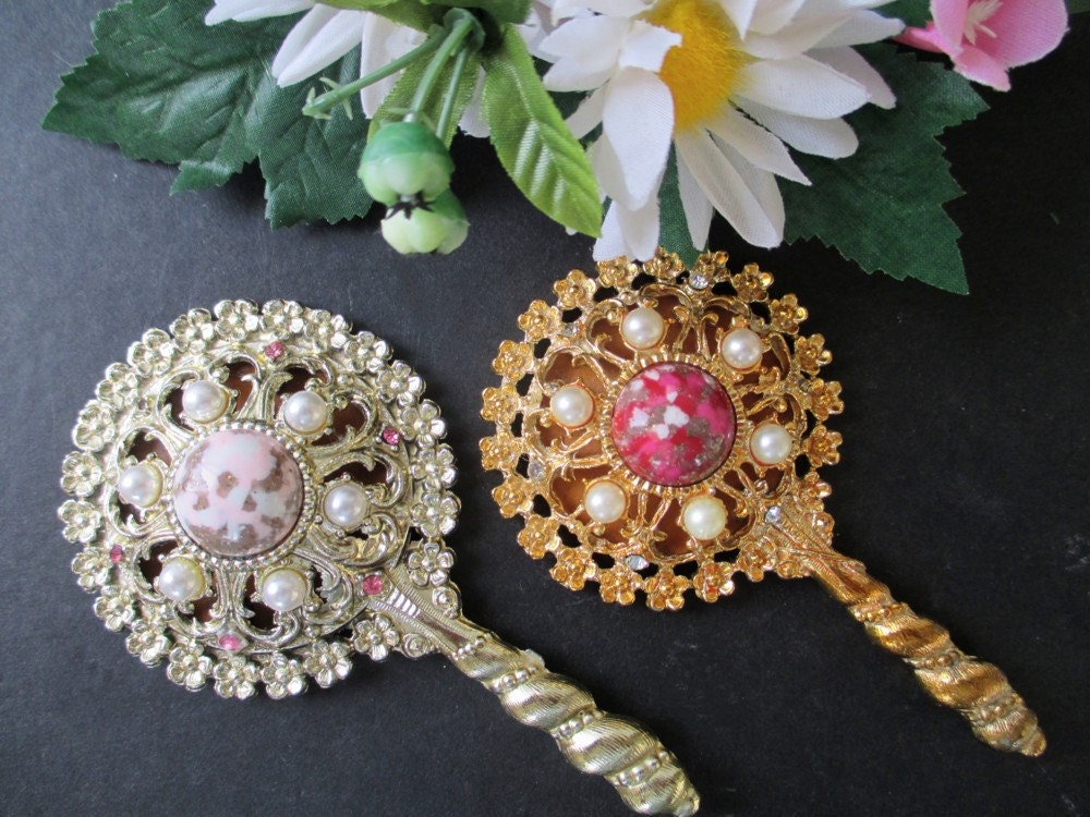 Hand Mirrors Jeweled Two Small Vanity Mirrors With Faux