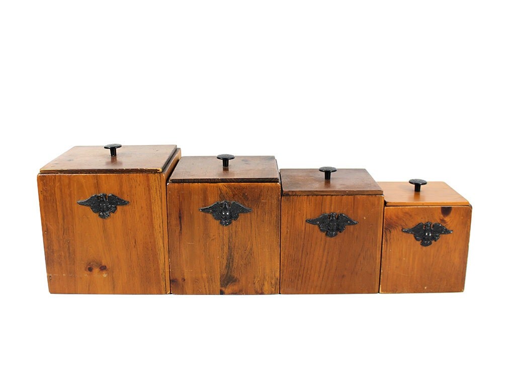 set of 4 vintage wooden canisters by ruggyrevival on etsy set of 4 vintage wooden canisters by ruggyrevival on etsy