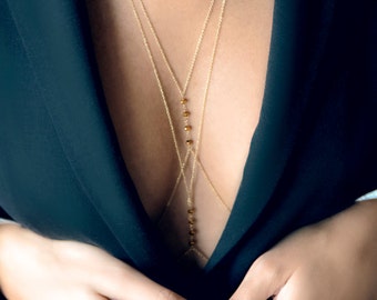 Gold Body Harness | Layered Body Necklace | Rose Gold Body Jewelry | Crystal Beaded Waist Chain | Delicate Body Chain | Gift For Her