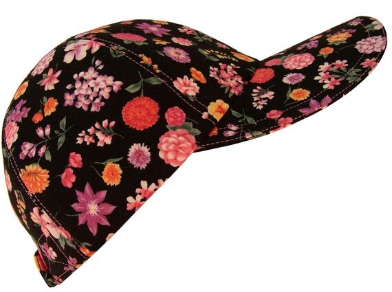 Chloe - Pink Orange Coral Yellow Lavender Lilac Flowers on Black Floral Print Ladies Adult Fashion Baseball Cap Hat by Calico Caps