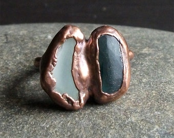 Tourmaline Dual Stone Ring Size 6 Raw Gemstone Forest Green Pale Blue Copper Jewelry Natural Birthstone Ring