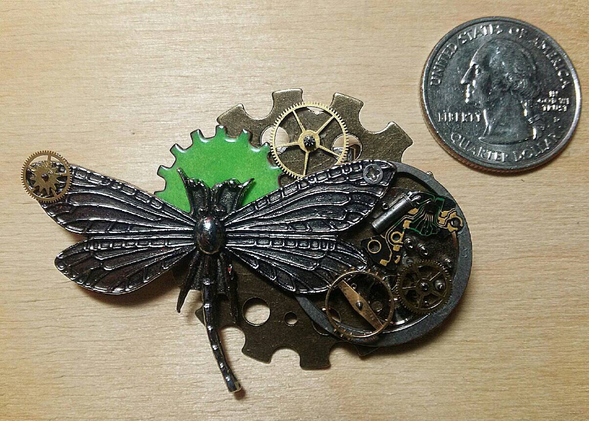 Steampunk Dragonfly and Gear Brooch
