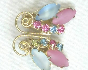 Pink & Blue Rhinestone Juliana Style Clip Earrings Unsigned