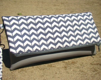 Grey Chevron Fold Over Clutch, Vegan Leather Clutch, Bridesmaid Clutch, Fold Over Clutch, Bridesmaids Gift
