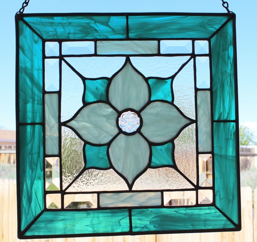 HANDCRAFTED STAINED GLASS Square Teal Seafoam Beveled