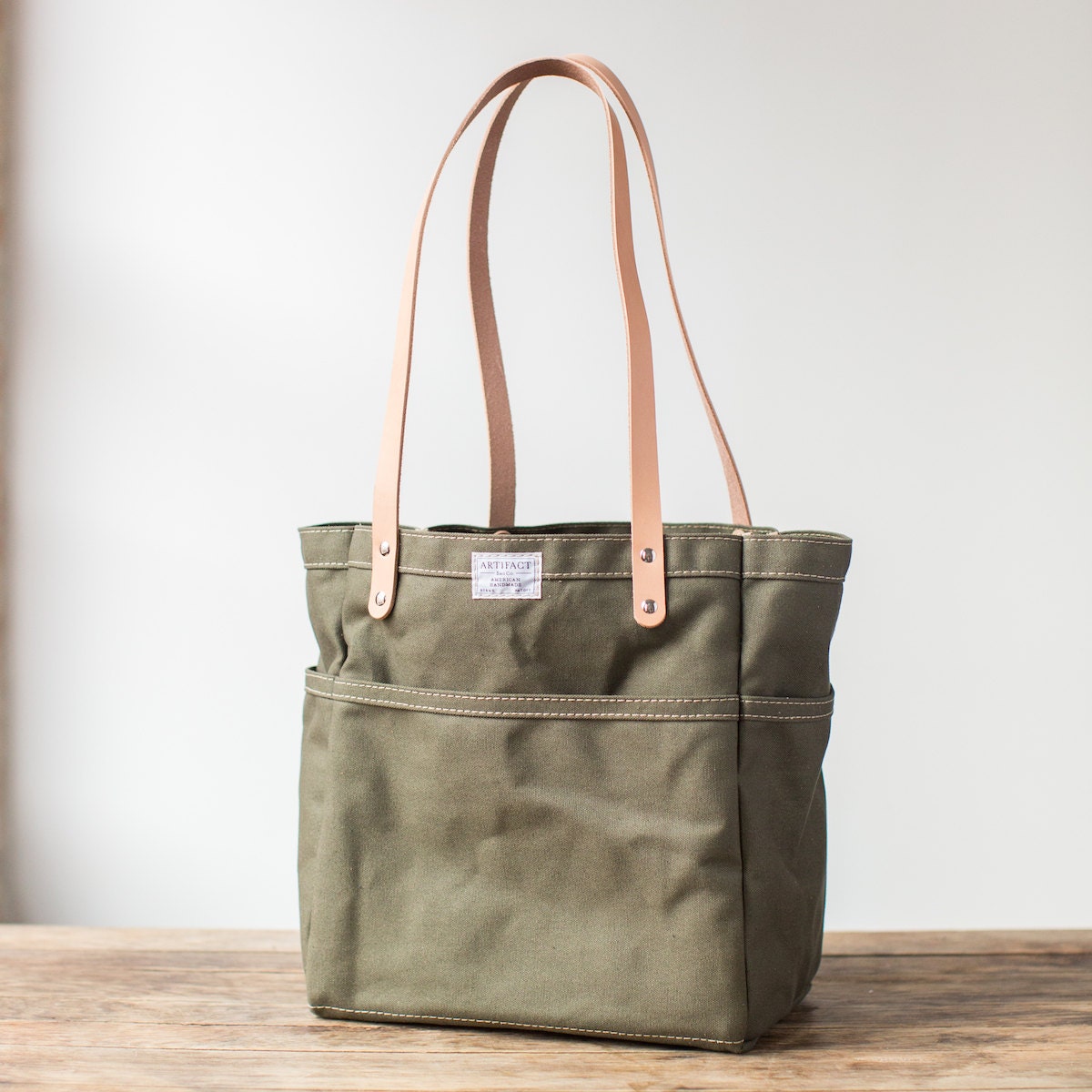 Campus Tote in Olive Drab Canvas & Natural Veg Tan Leather