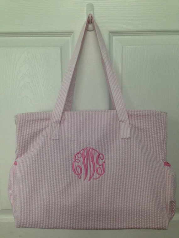 Personalized seersucker diaper bag embroidered diaper bag pink