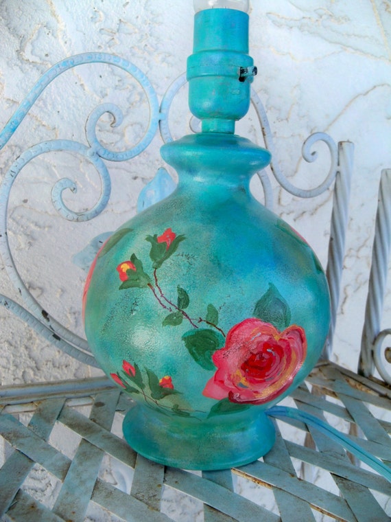 Boho Table Lamp Bohemian Decor Hand Painted Floral Roses