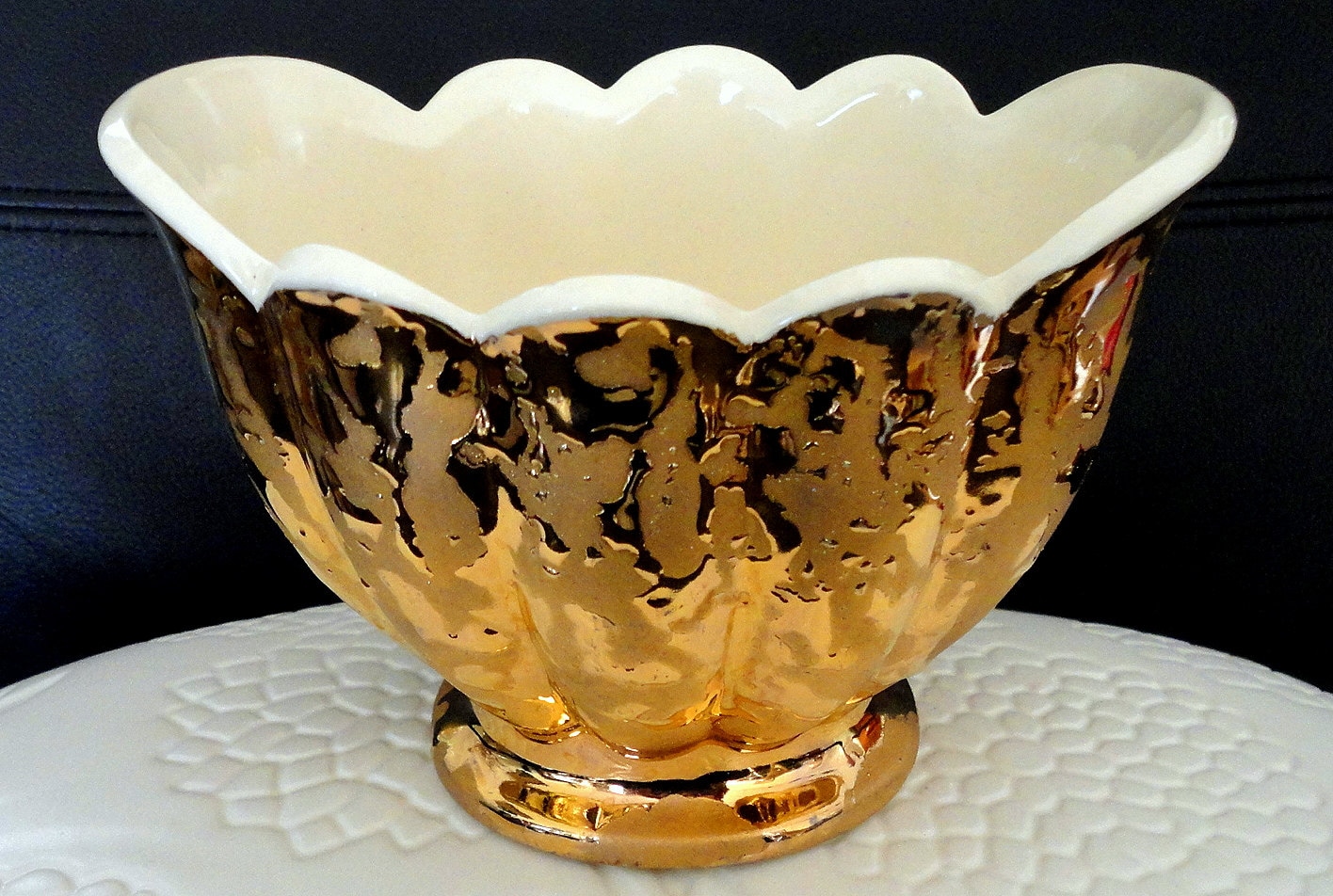 24 kt Gold Scalloped Vase Bowl Jewelry Holder Candy Dish