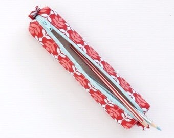 Retro Floral Red Ice Blue Pencil Case, Zipper Pencil Case, Small Cosmetic Pouch