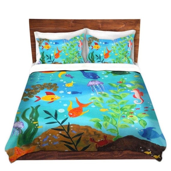 Happy Fish 3, Duvet Cover, bedding for kids room, nursery decor, beach theme.