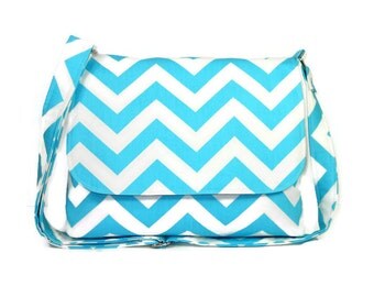 Blue Chevron Messenger Purse with Gray, Medium Crossbody Bag, Aqua Chevron Cross Body Handbag, Chevron Purse, Fabric Pocketbook, Cotton Bag