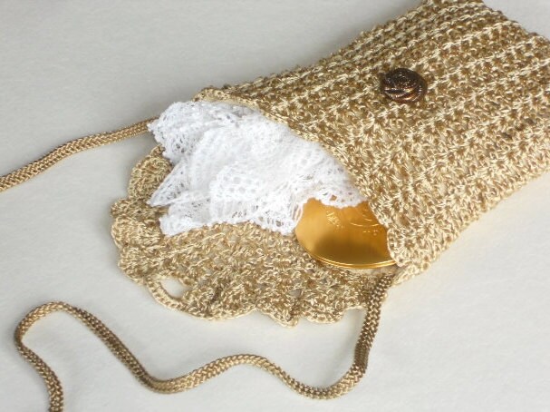 Golden purse crochet lace shoulder bag pouch with long strap