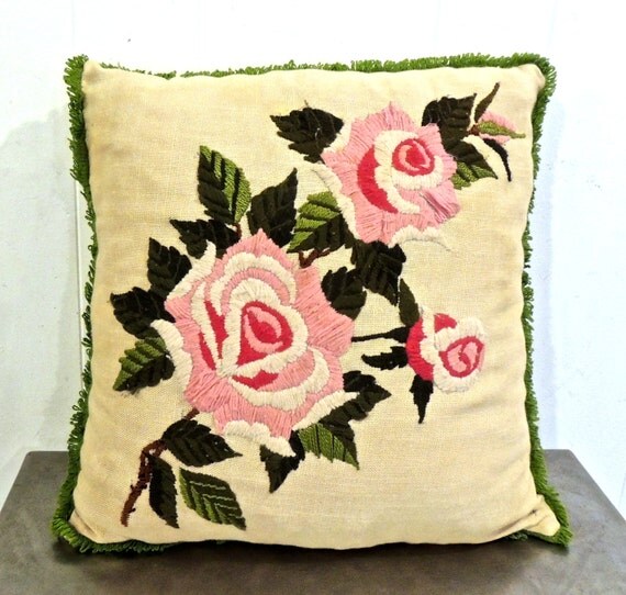 vintage embroidered rose throw pillow 1950s60s fringed by mkmack