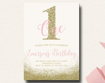 Pink and Gold Birthday Invitation Blush and Gold Glitter One First