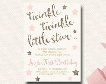 Twinkle Twinkle Little Star Birthday Invitation Blush Gold Glitter