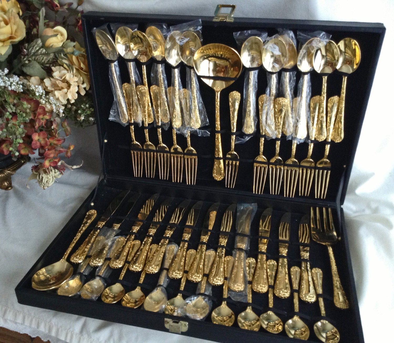 51 Pc. Gold Flatware with case Wm. Rogers & Sons by KathyKupboard
