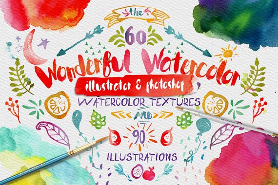 Wonderful Watercolor Textures Digital Graphic Design Kit - Hand Painted Textures and Illustrations for Adobe Photoshop