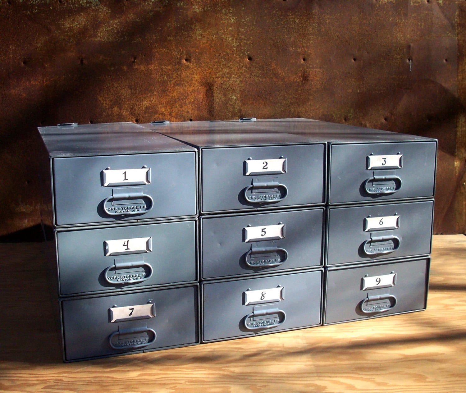 Set of 9 Vintage Industrial Metal Stacking Storage Drawers / Industrial