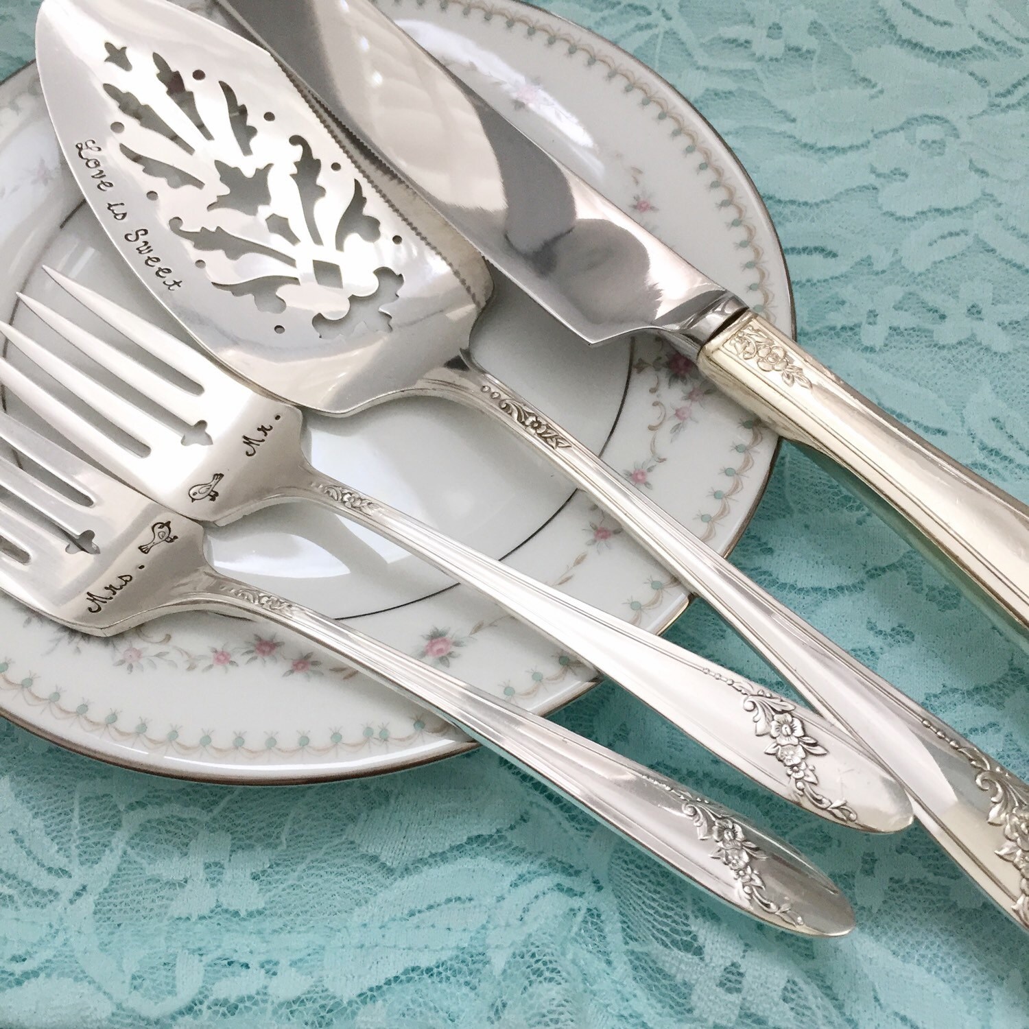 Personalized cake server knife & forks vintage set... for
