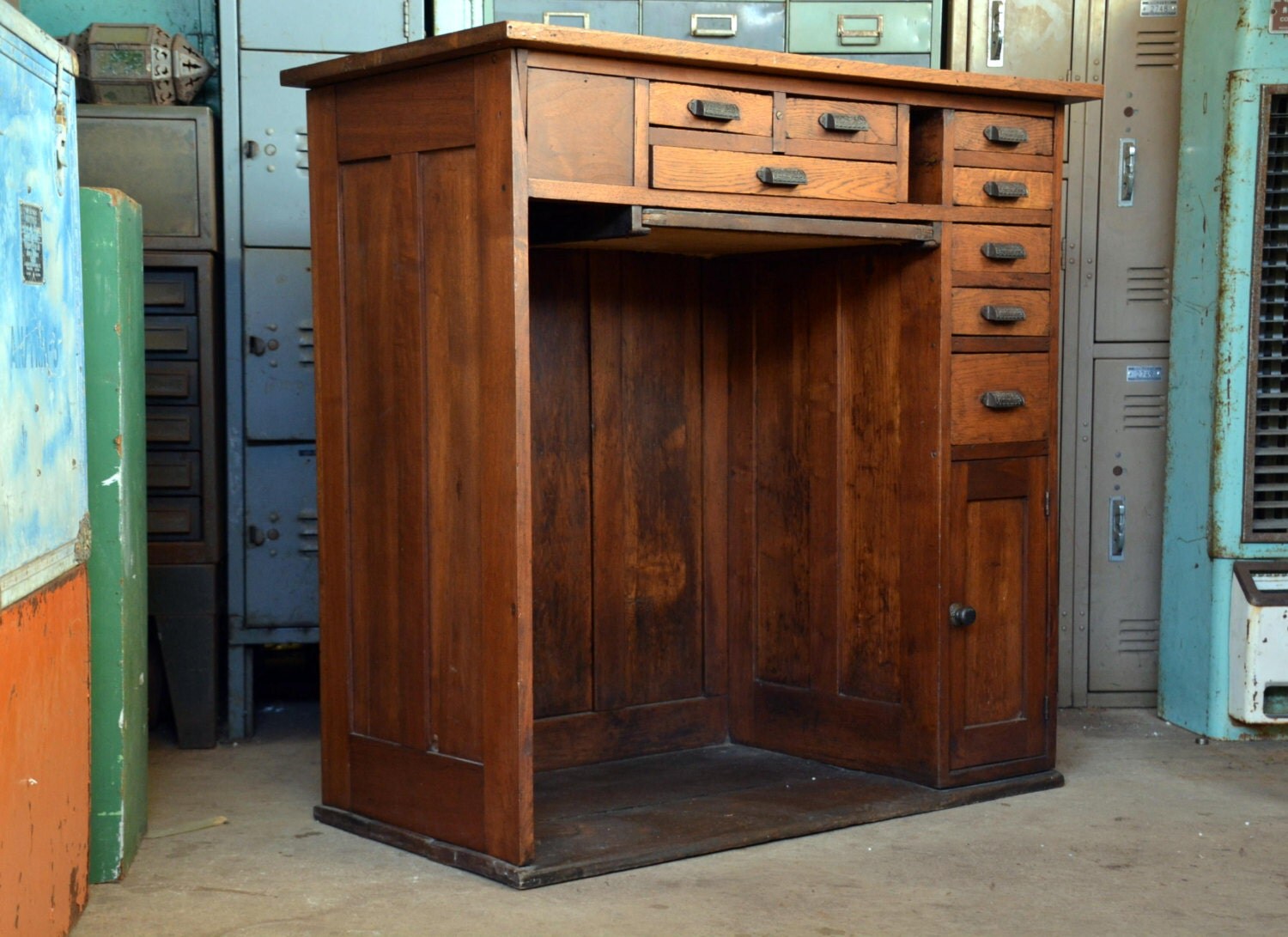 Antique Wooden Jewelers Desk: Rustic Workshop Organizer