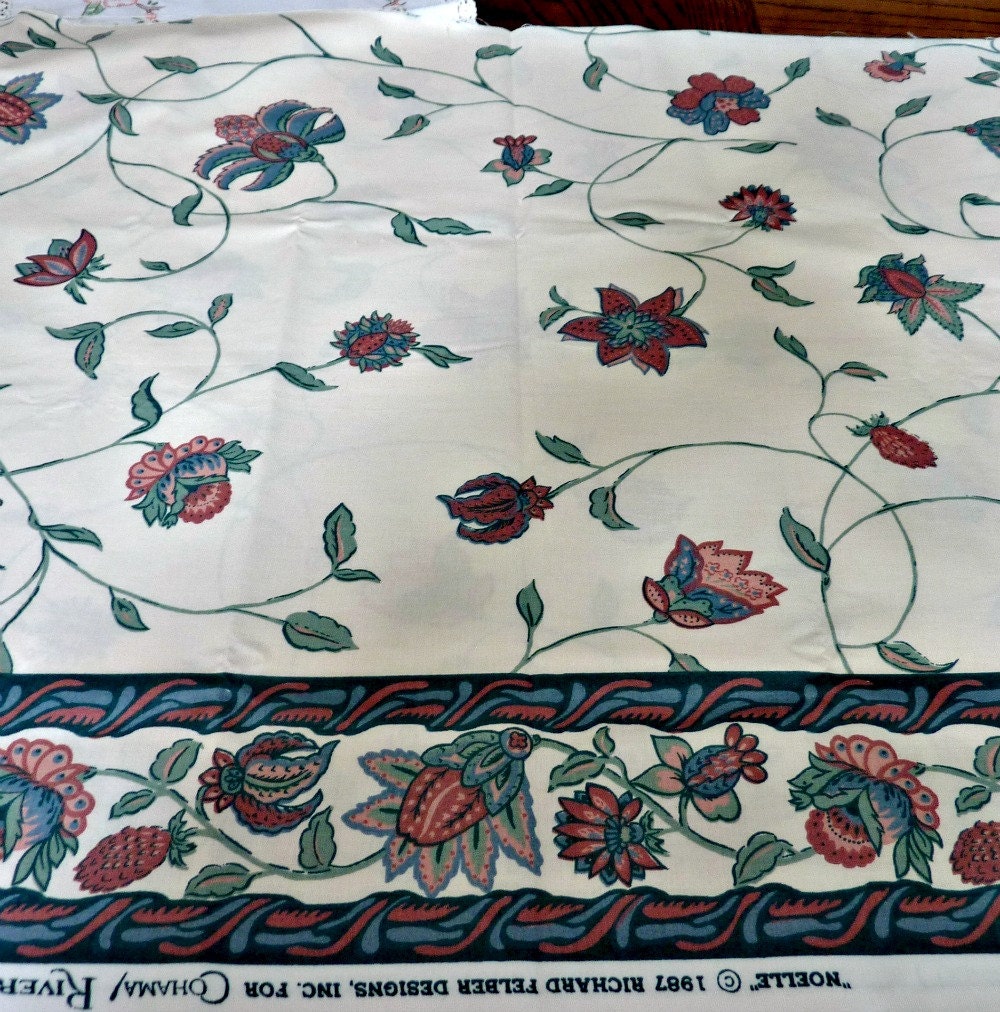 Designer Fabric Floral Border Print Turquoise Rust Sage