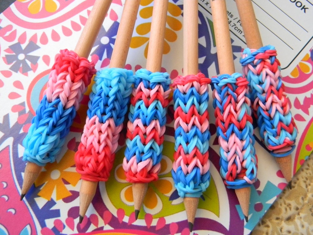 6 Removable Rainbow Loom Scrabble Pencil Grips with Pencils