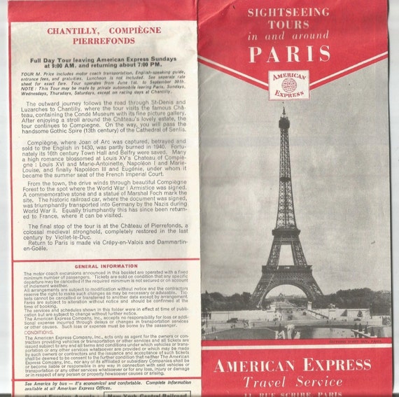 Vintage Map 1950 S American Express Travel Services Paris