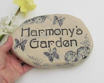 Garden art. Personalized Garden stone, Custom Garden Sign. Garden Rock. Outdoor name signage. Ceramic plaque, Nature designs. Made to order