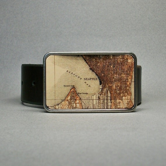 Belt Buckle Vintage Seattle Washington Map on Metal Cool Gift