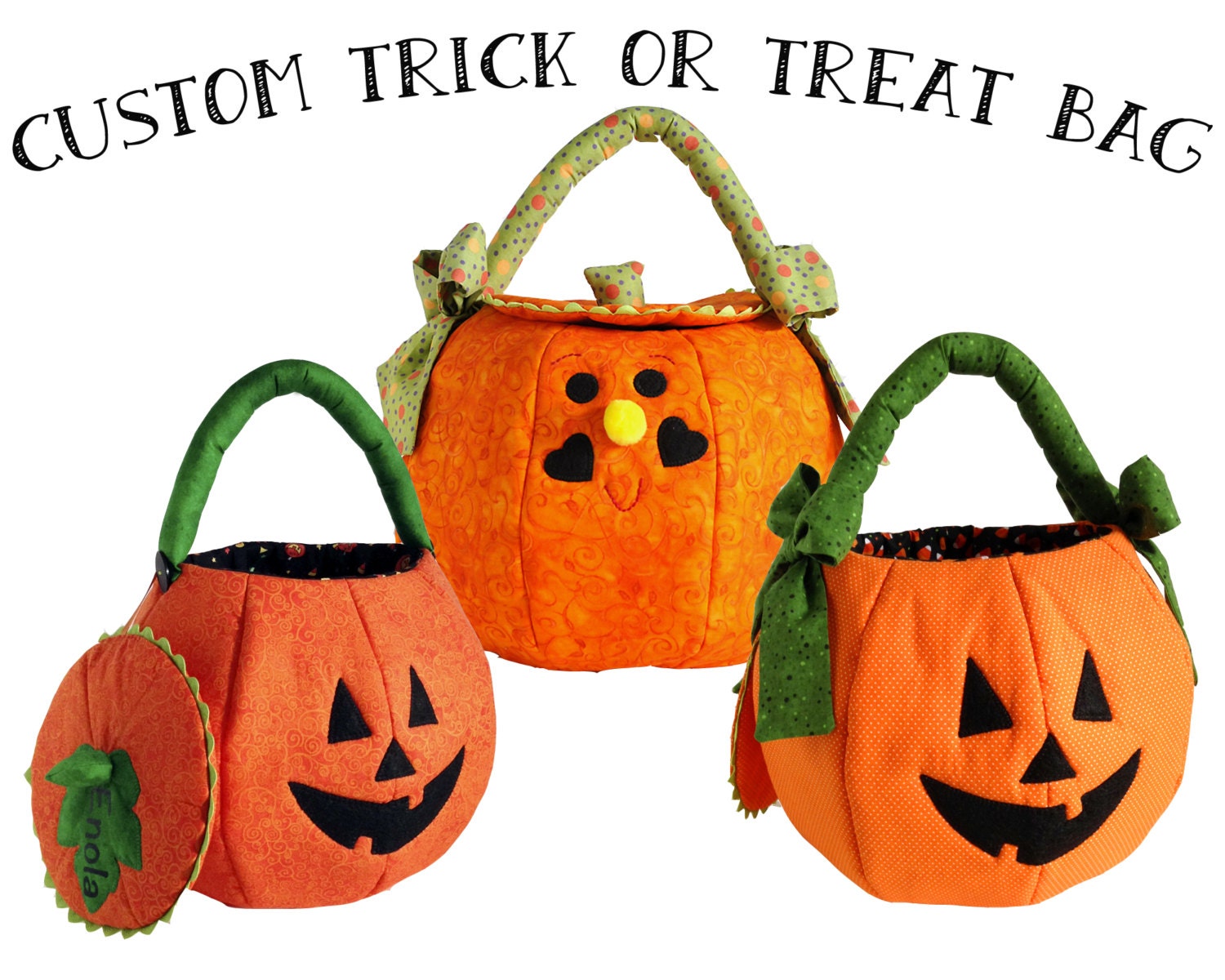 Custom Trick Or Treat Pumpkin Bag Quilted Fabric Halloween Treat Bag