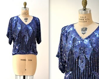 Vintage Blue Sequin Shirt size Medium Large// 90s Metallic Vintage Sequin Top Blue Art Deco Flapper Inspired