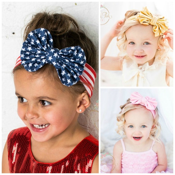 Baby Headbands, 4th of July Headband, Girls Head wraps, Metallic Messy Bow Baby Head wraps, Jersey Knit Headwraps, Big Bow Baby Headbands. by ThinkPinkBows