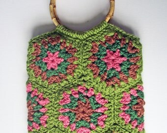 Pink & Grey Crochet Purse Lined Wool Bag Artisan Boho Bag