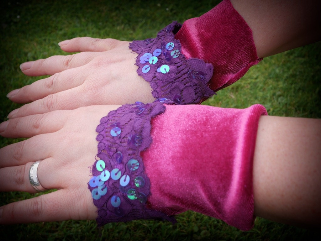 Pink wristlets wrist cuffs fabric velvet & lace bracelets