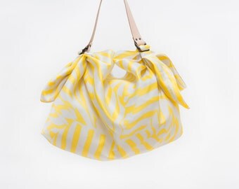Stripe Yellow Furoshiki & Tan Leather Carry Strap Set