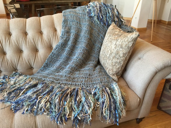 Beach Decor Throw Blanket Cream Grey and Blue and Brown - Beach Decor Throw Blanket, Cream, Grey and Blue and Brown Decor Throw with  Fringe