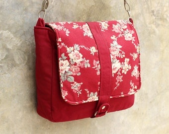 Clearance SALE Red Messenger bag with Floral flap, Canvas bag, Shoulder bag, Cross body, Travel, Detachable strap, Zipper Closure - Kiyomi