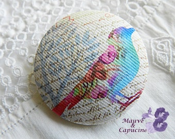Fabric button, printed bird, 22 mm / 0.86 in
