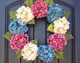 Hydrangea Spring Wreath Summer Wreath Grapevine Door Wreath Pink/Mauve Turquoise Cream Hydrangea Floral Door Decoration Indoor Outdoor Decor