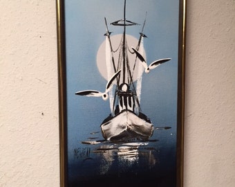Vintage Original Oil Painting SAILBOAT Framed ART by Newell Seascape Seagulls